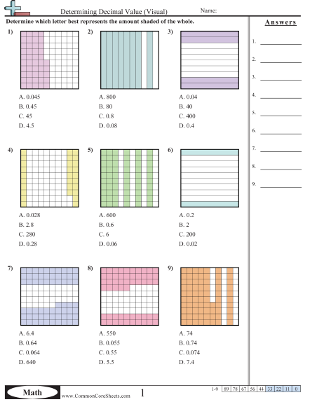 Decimal Worksheets - 10ths and 100ths (Multiple Choice) worksheet